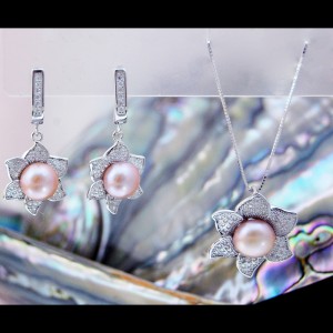 Сребърен комплект от 4 части*Августа* с естествени лилави перли ААA 